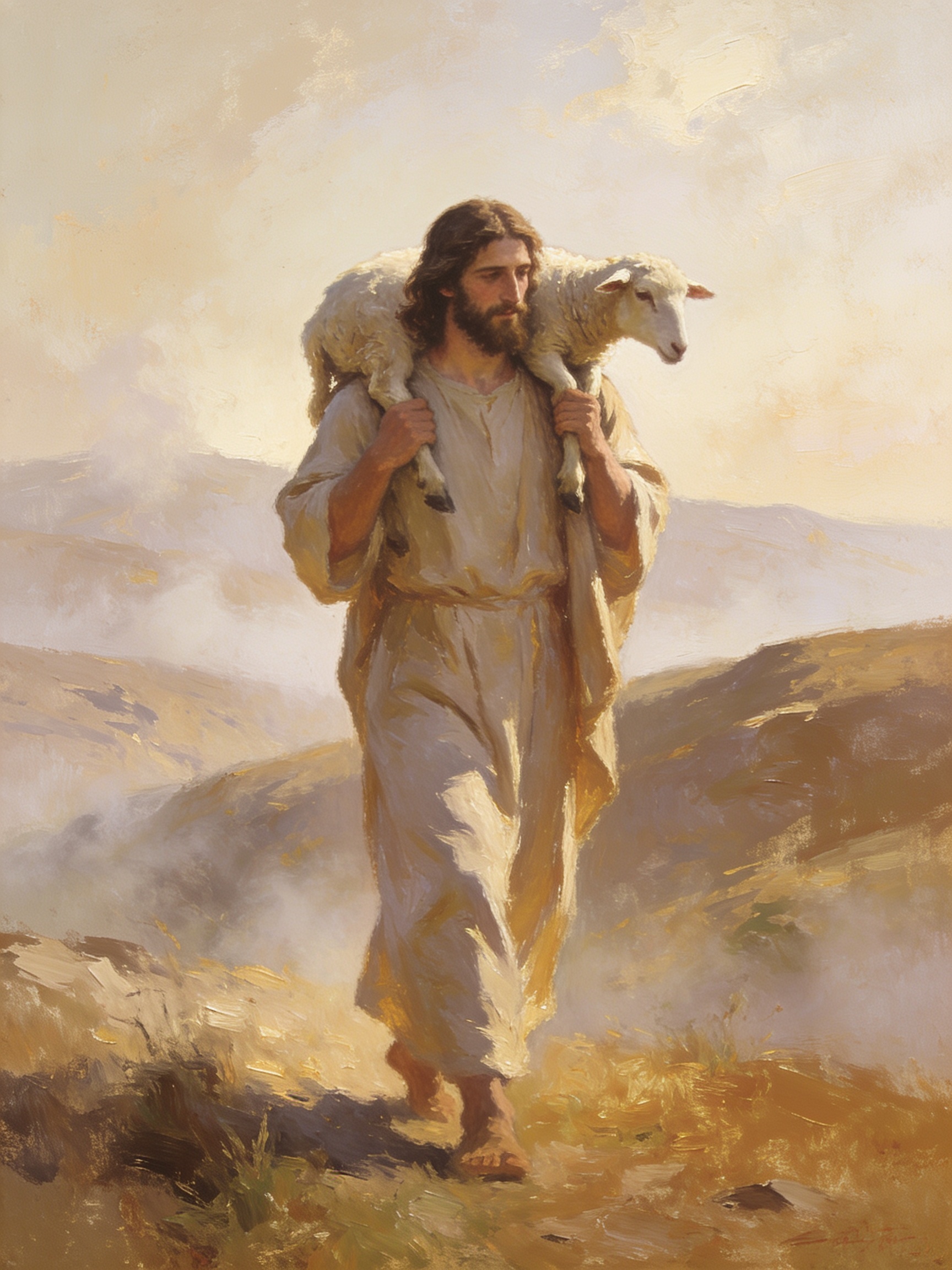 A fine art print of Jesus carrying a white lamb on his shoulders as he walks along a rocky hillside with misty mountains in the background.