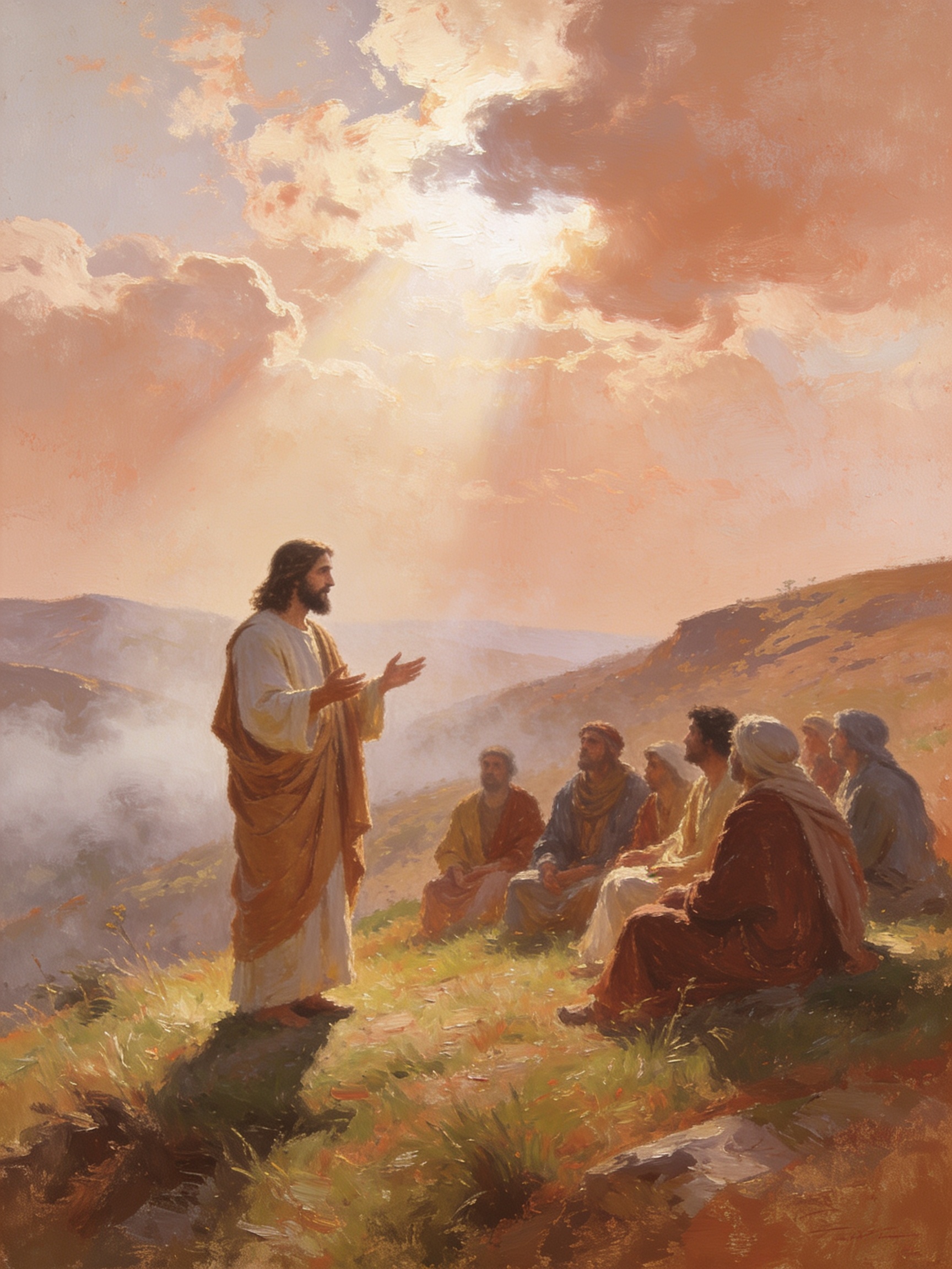 A fine art print of Jesus in white and gold robes speaking with outstretched hand to a group of seated disciples on a sunlit hillside beneath glowing clouds.