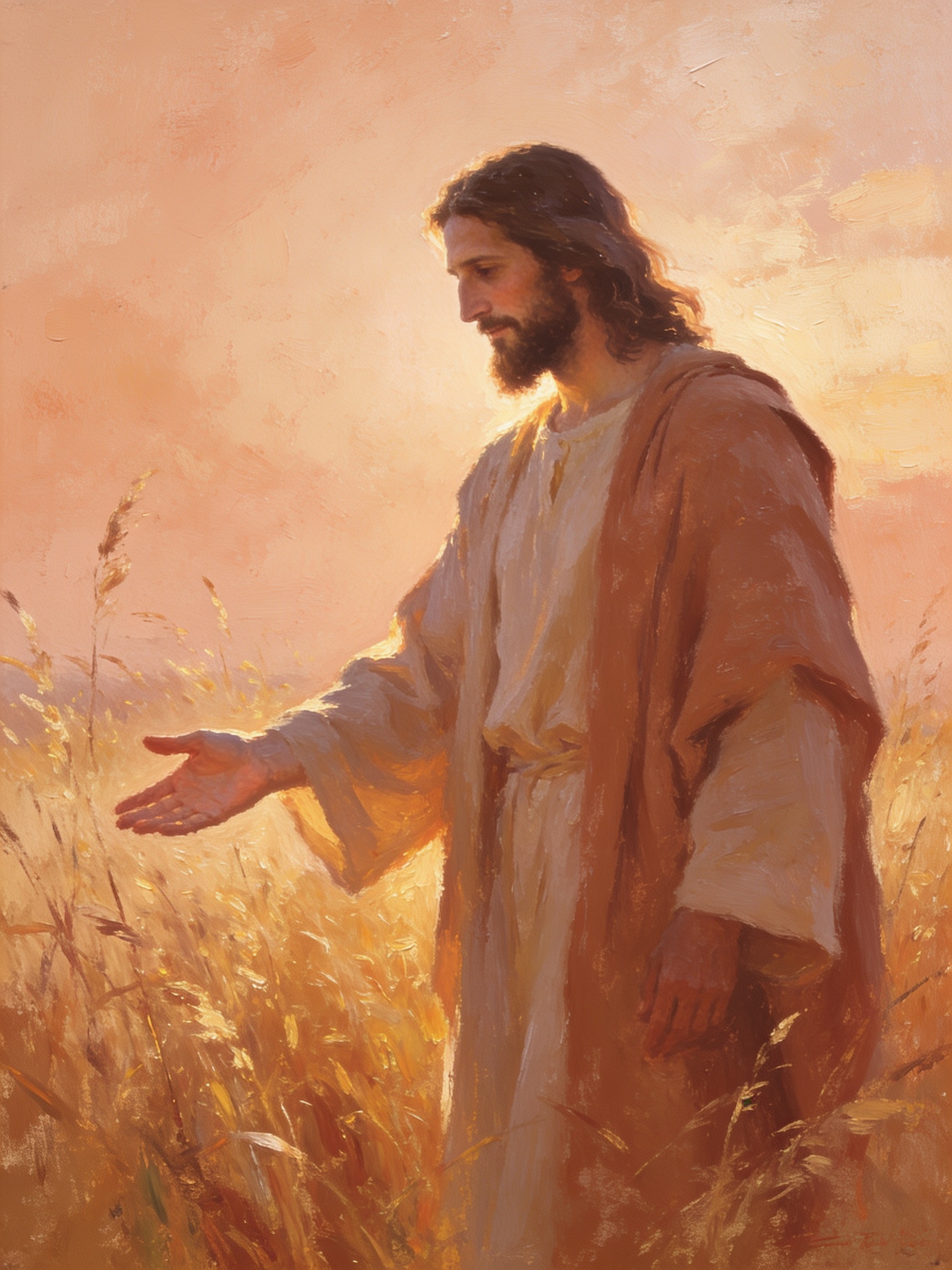 A fine art print of Jesus Christ in a white robe and brown cloak walking through a golden wheat field at sunset, his hand extended in welcome.