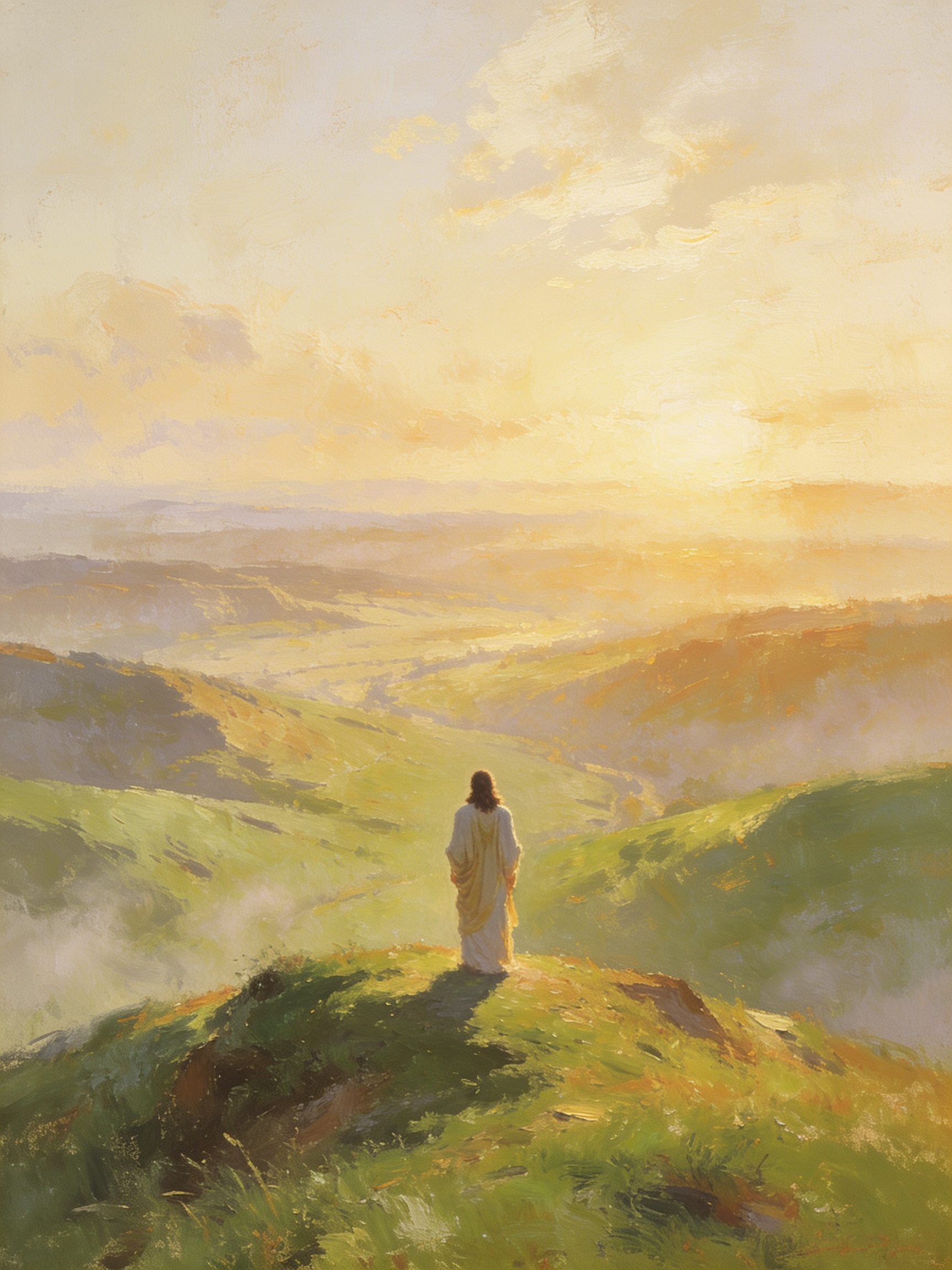 A fine art print of a robed figure standing on a green hilltop, looking out over a misty valley bathed in warm golden sunrise light.