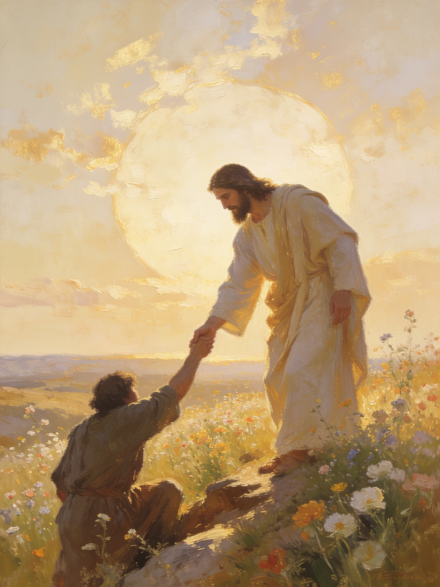 A fine art print of Jesus in a white robe reaching down to clasp the hand of a kneeling figure on a flower-covered hillside beneath a golden glowing sky.