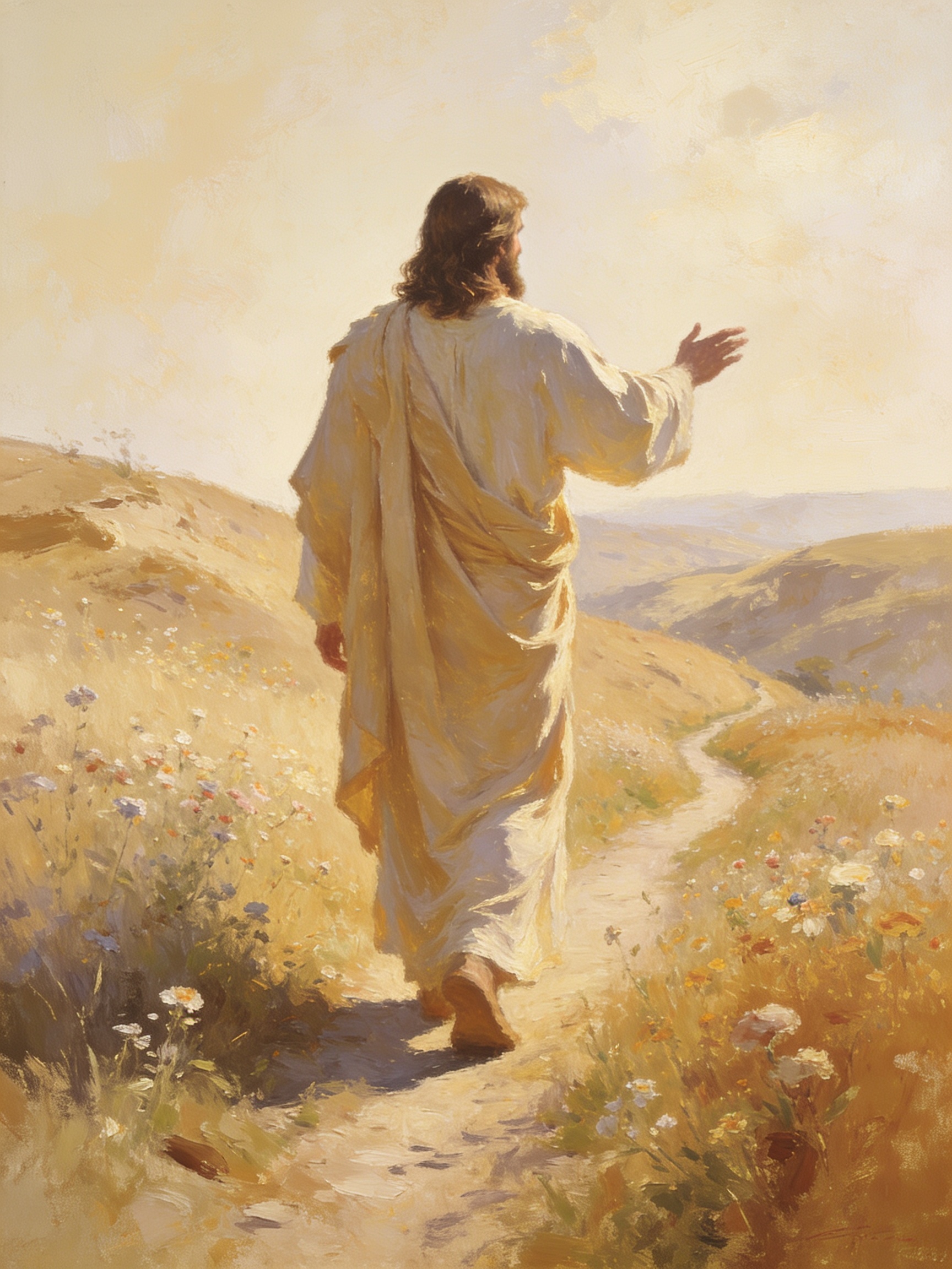 A fine art print painting of Jesus in white robes walking barefoot along a winding path through flowering hills, his hand extended as if inviting someone to follow.