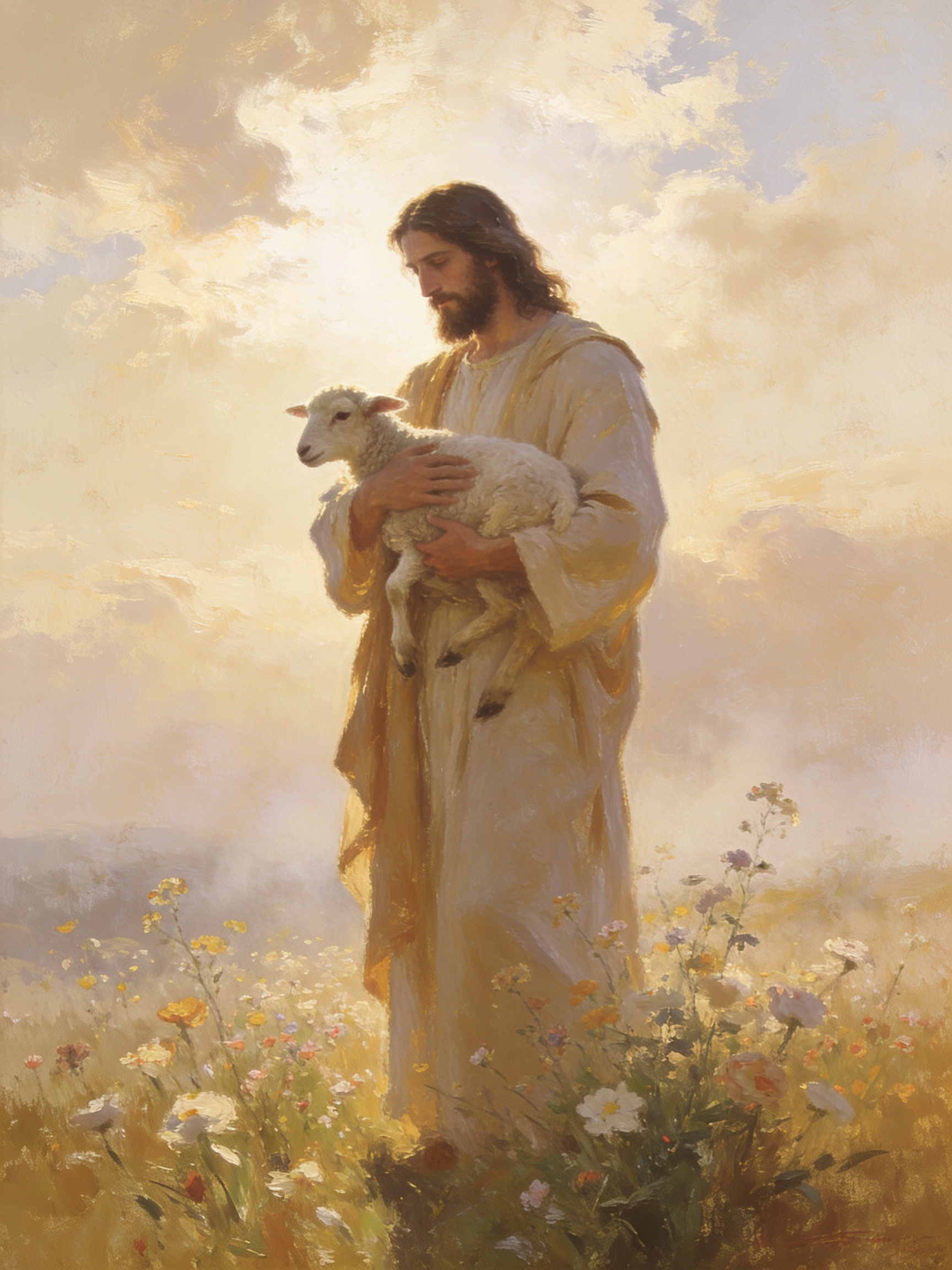 A fine art print of Jesus in a white and gold robe tenderly holding a small white lamb in a sunlit field of wildflowers.