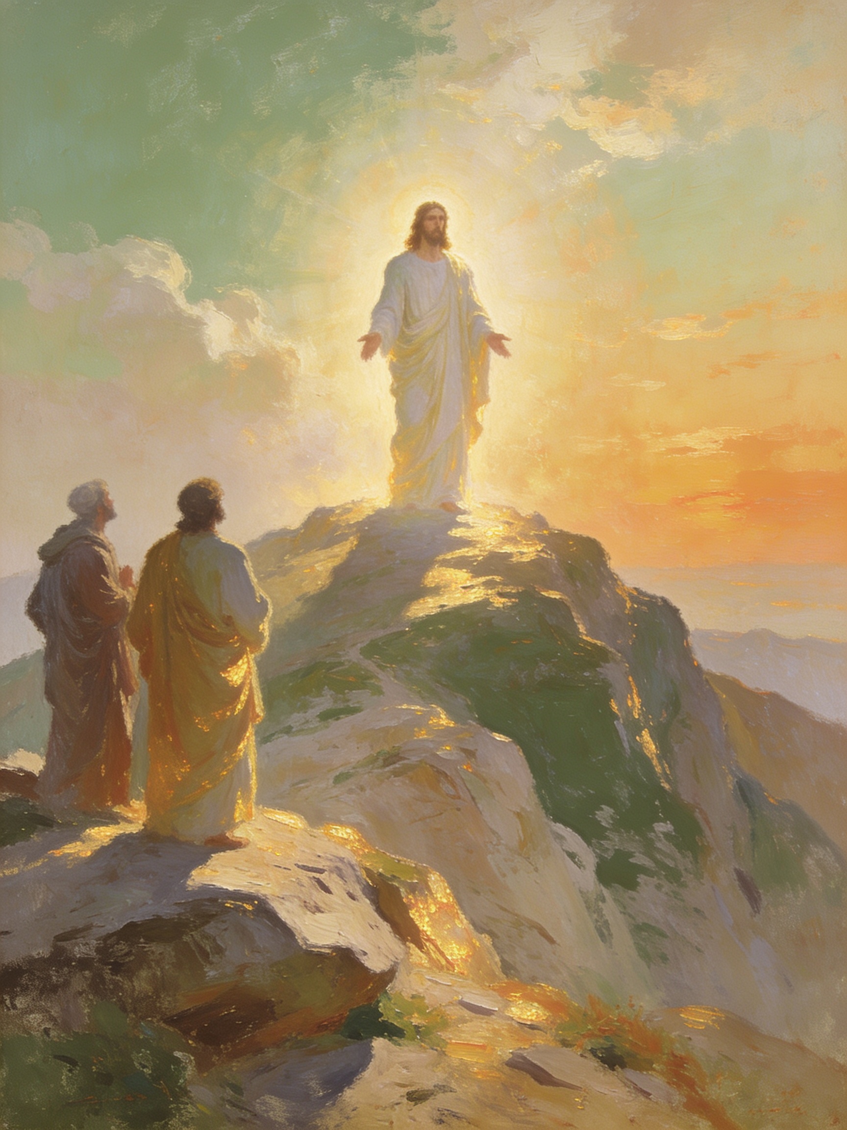 A fine art print of the Transfiguration showing a radiant Jesus in white robes standing on a rocky mountaintop while two robed disciples look up at him in awe.