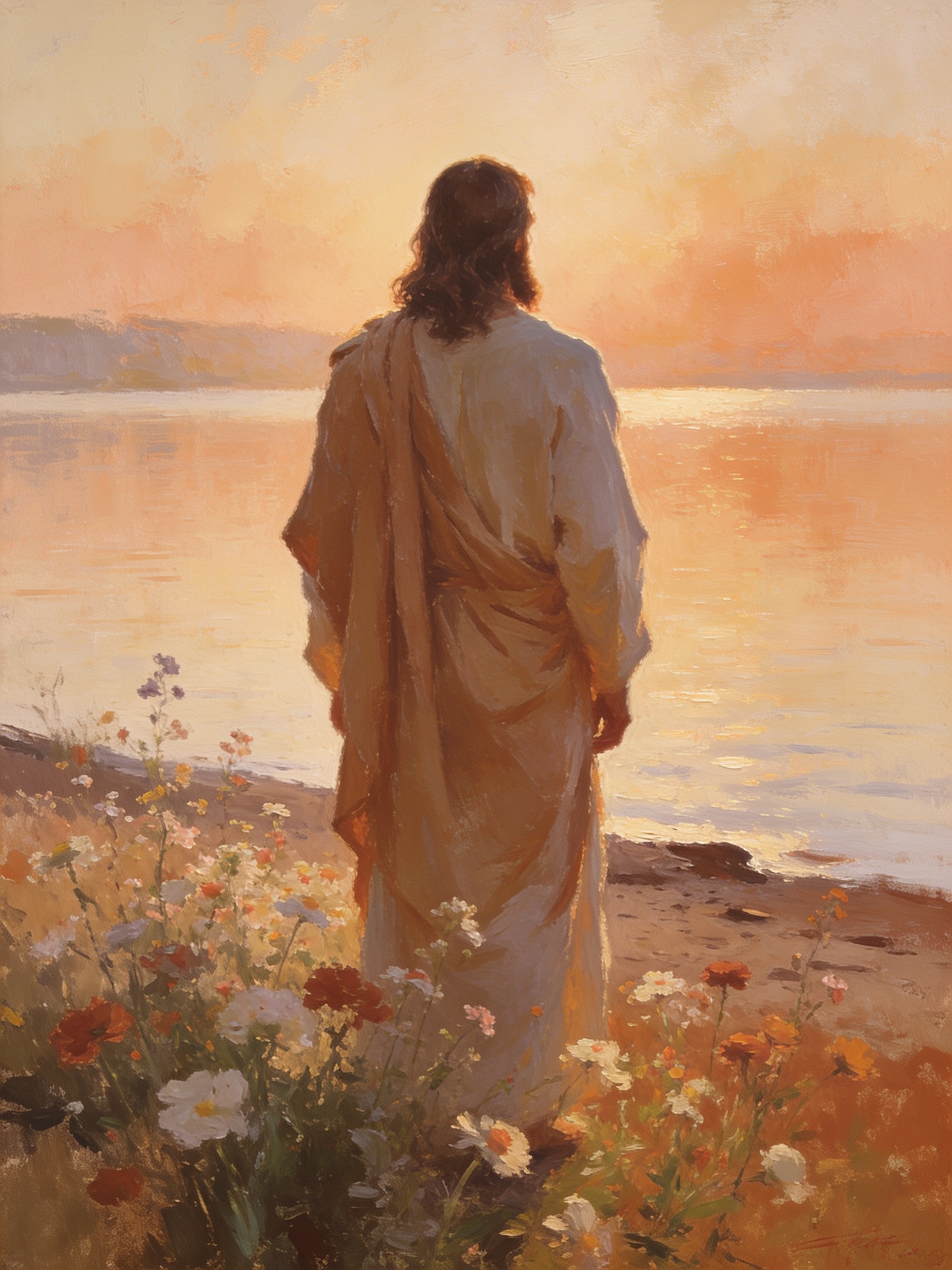 A fine art print of Jesus standing with his back to the viewer at a calm lakeshore at dawn, surrounded by wildflowers and a soft peach sky.