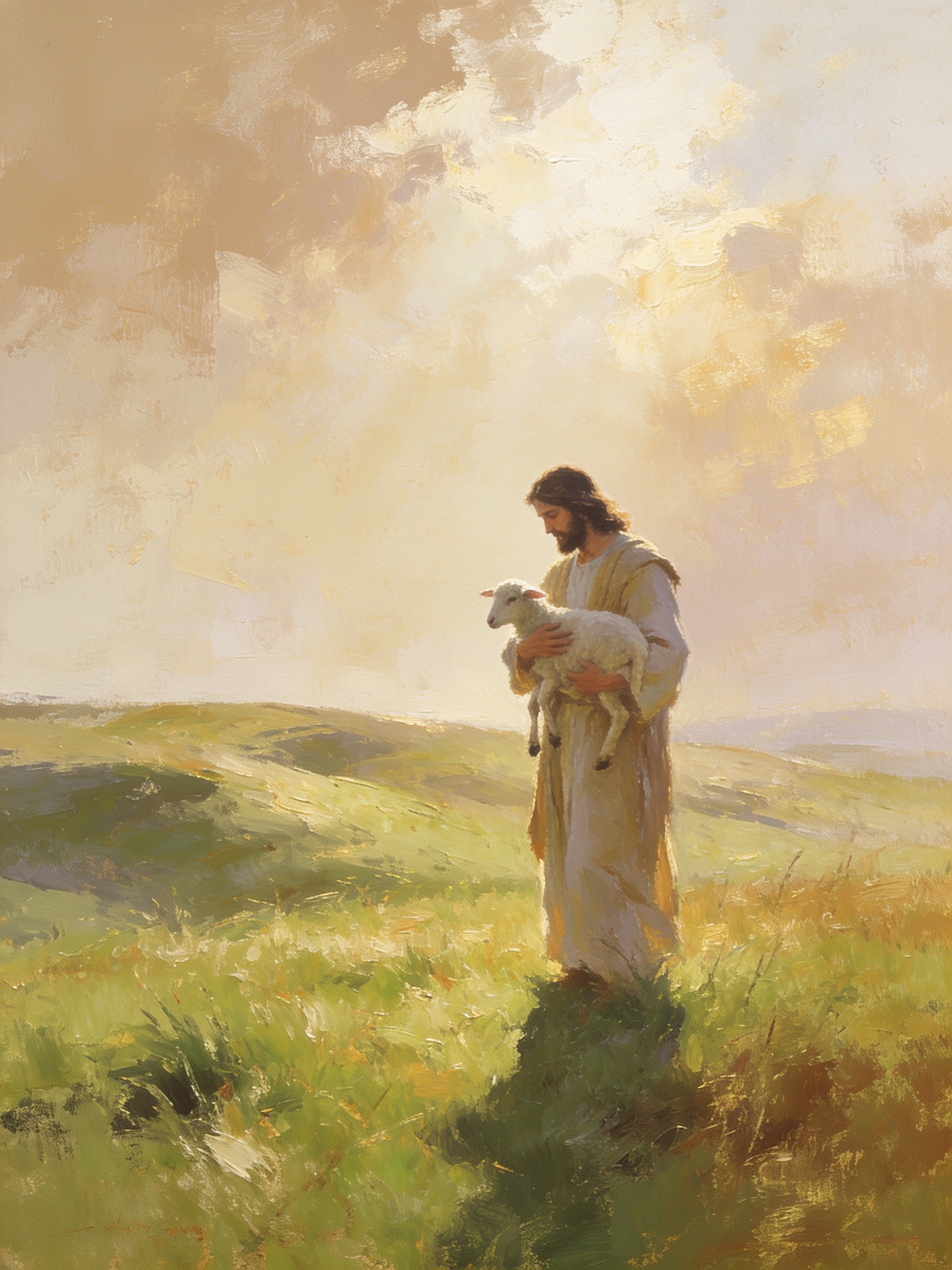 A fine art print of Jesus in white and gold robes standing on a green hillside, gently cradling a small white lamb against his chest beneath a glowing golden sky.