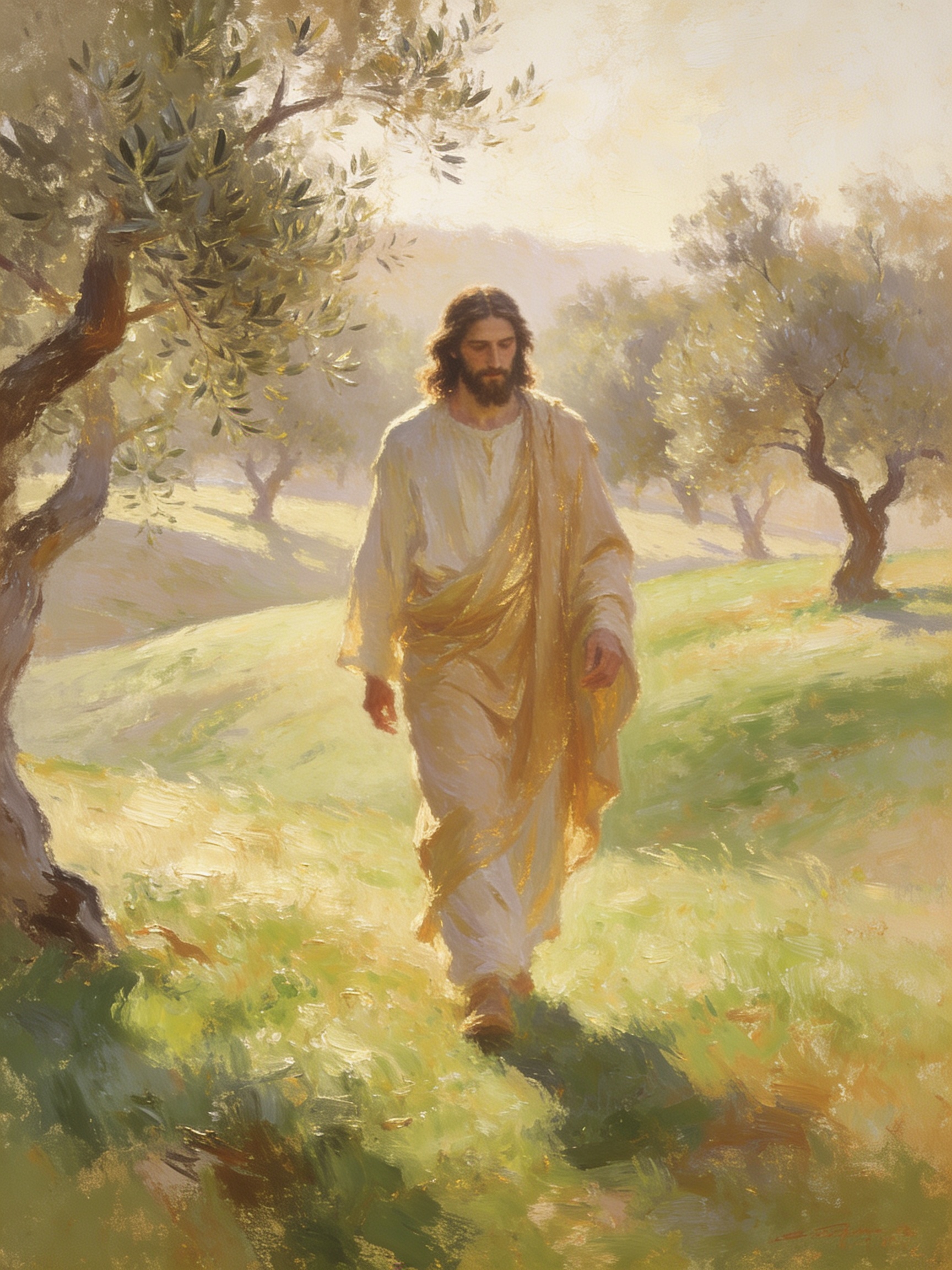 A fine art print of Jesus in a white robe and golden drape walking through a sunlit olive grove with green grass and soft morning light.