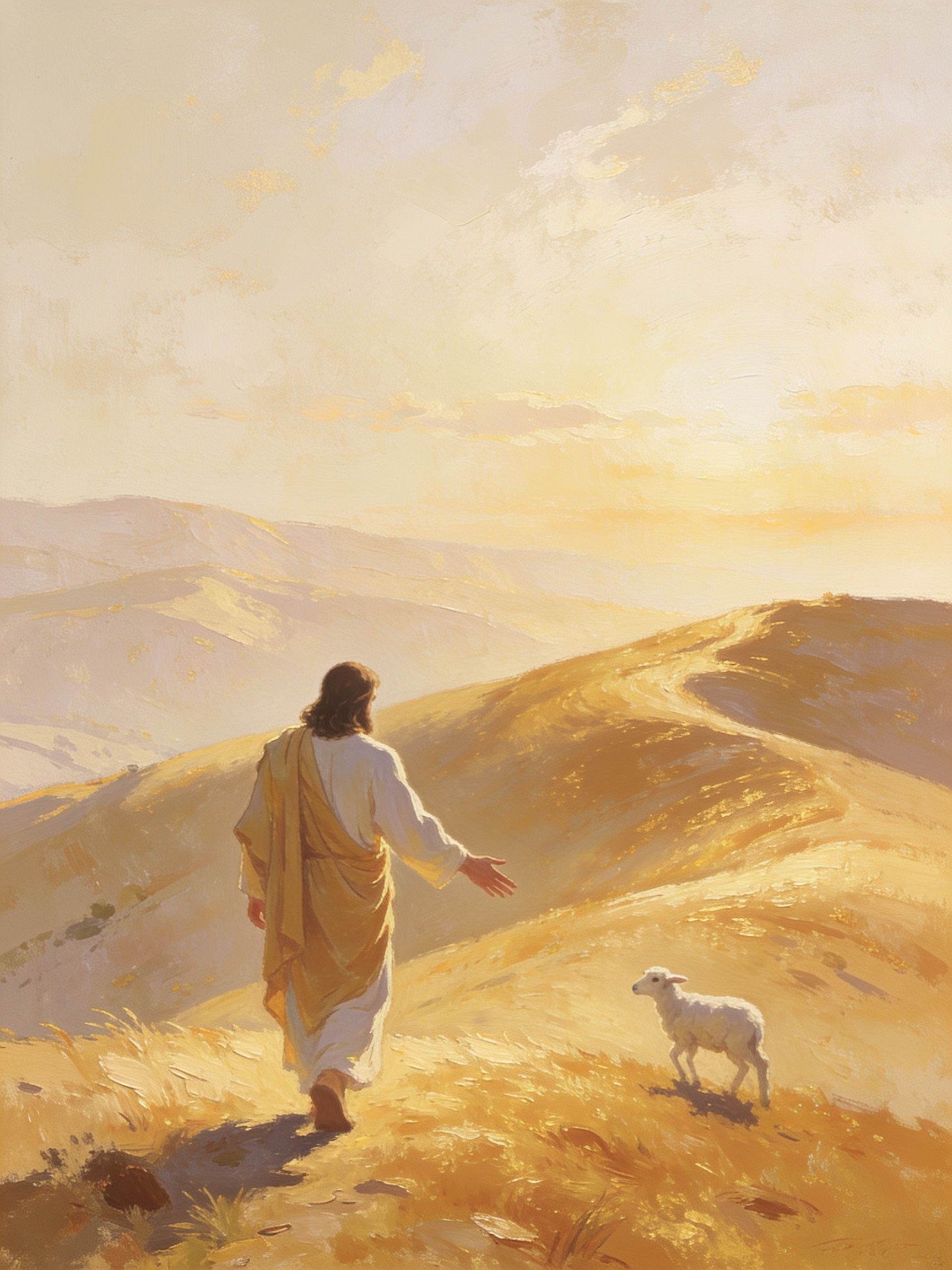A fine art print depicting Jesus in white and gold robes walking along a golden hillside path with one hand extended toward a small white lamb ahead of him.