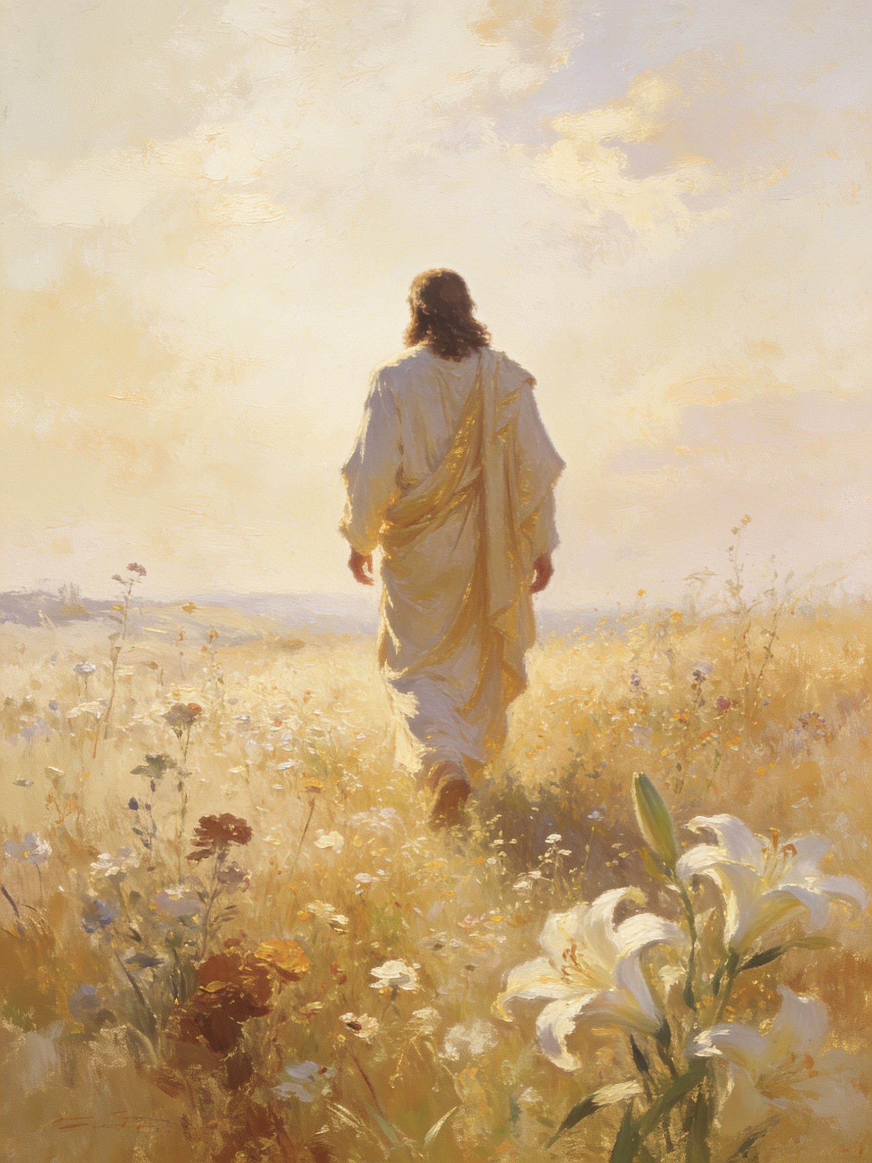 A fine art print of Jesus walking through a sun-drenched meadow of wildflowers and white lilies, seen from behind in a white and gold robe.