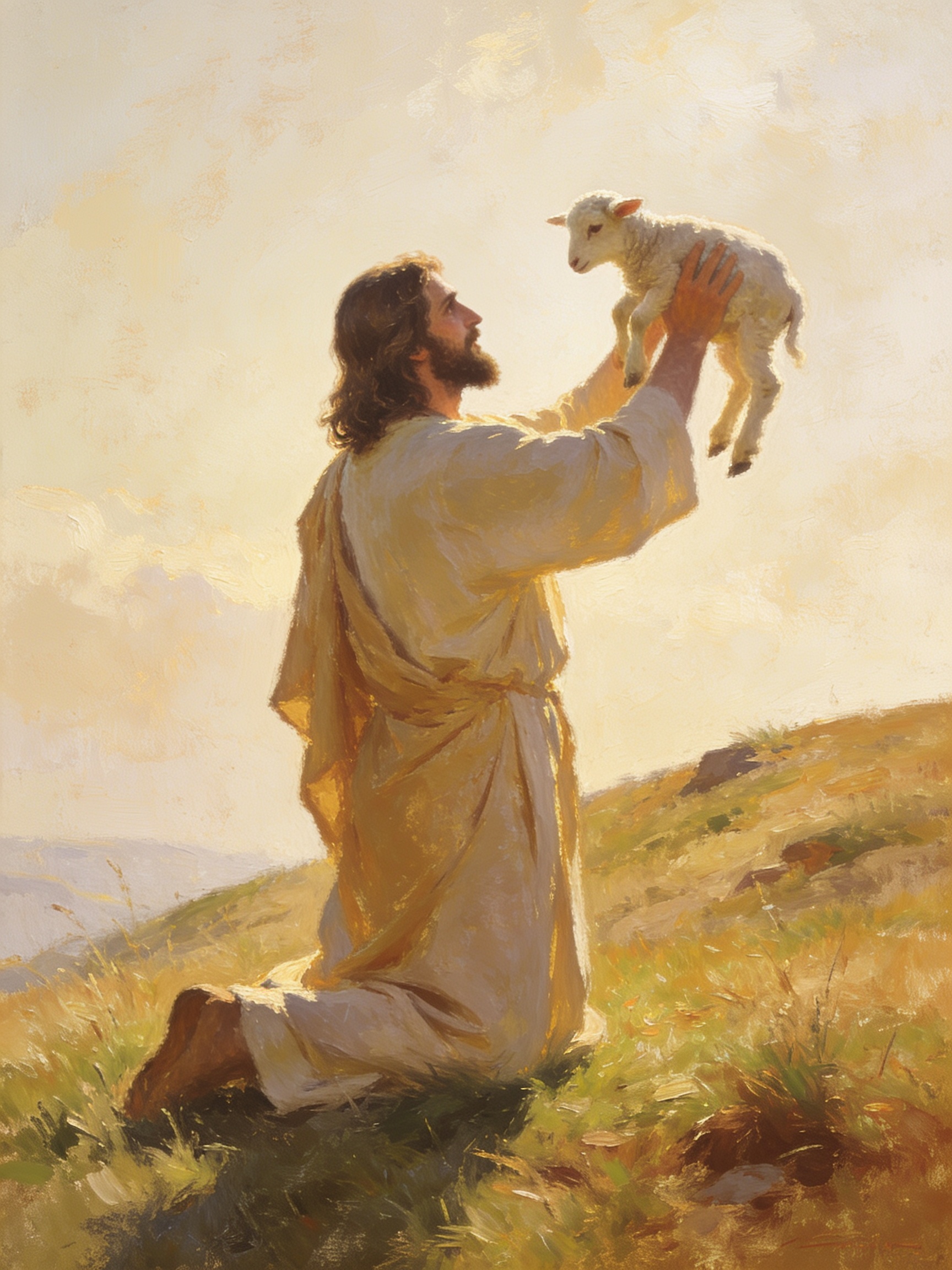 A fine art print of Jesus kneeling on a hillside, holding a small white lamb up with both hands and looking at it with gentle care.