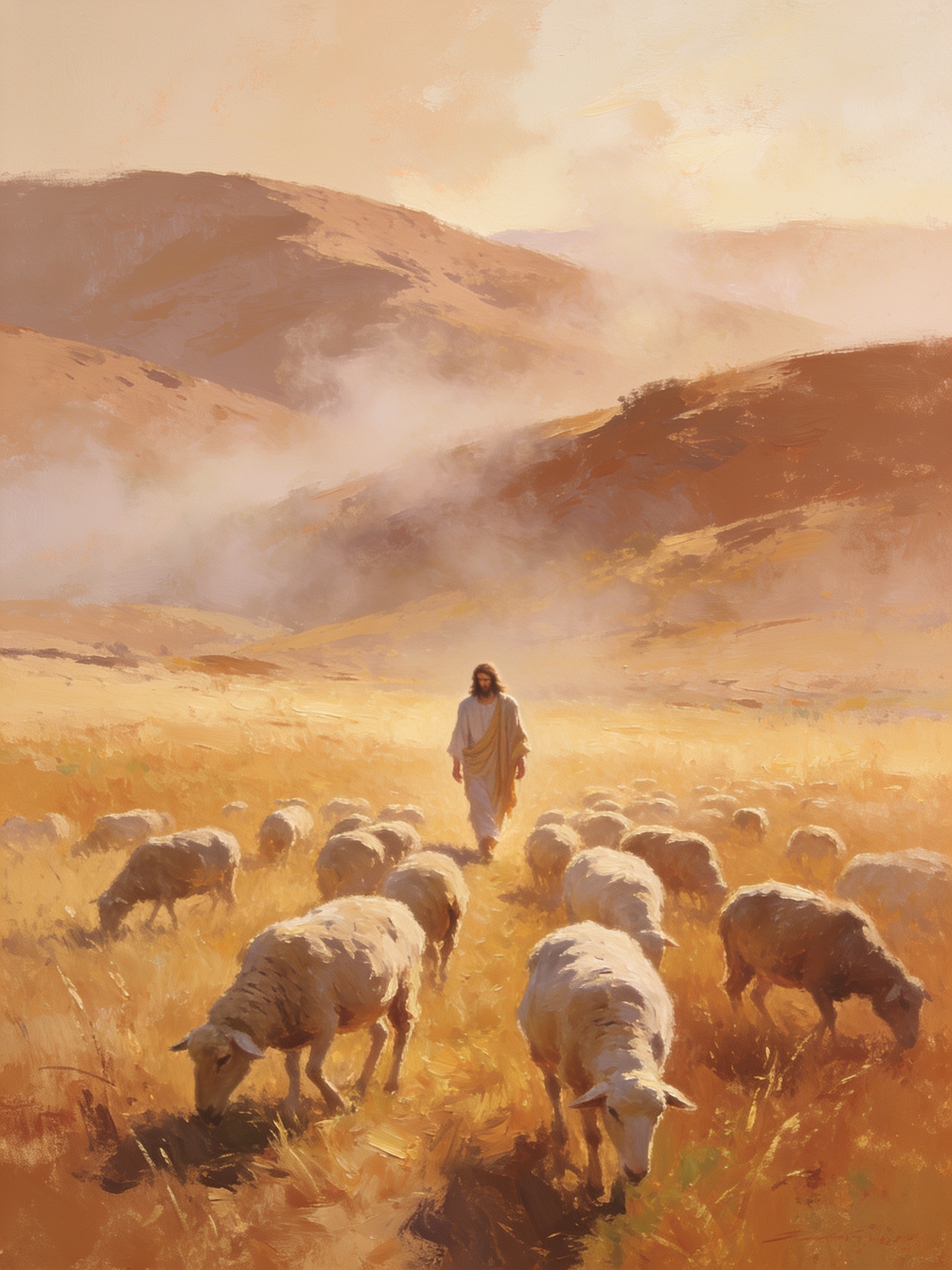 A fine art print of a robed figure walking among a grazing flock of white sheep across a golden field beneath misty desert hills.