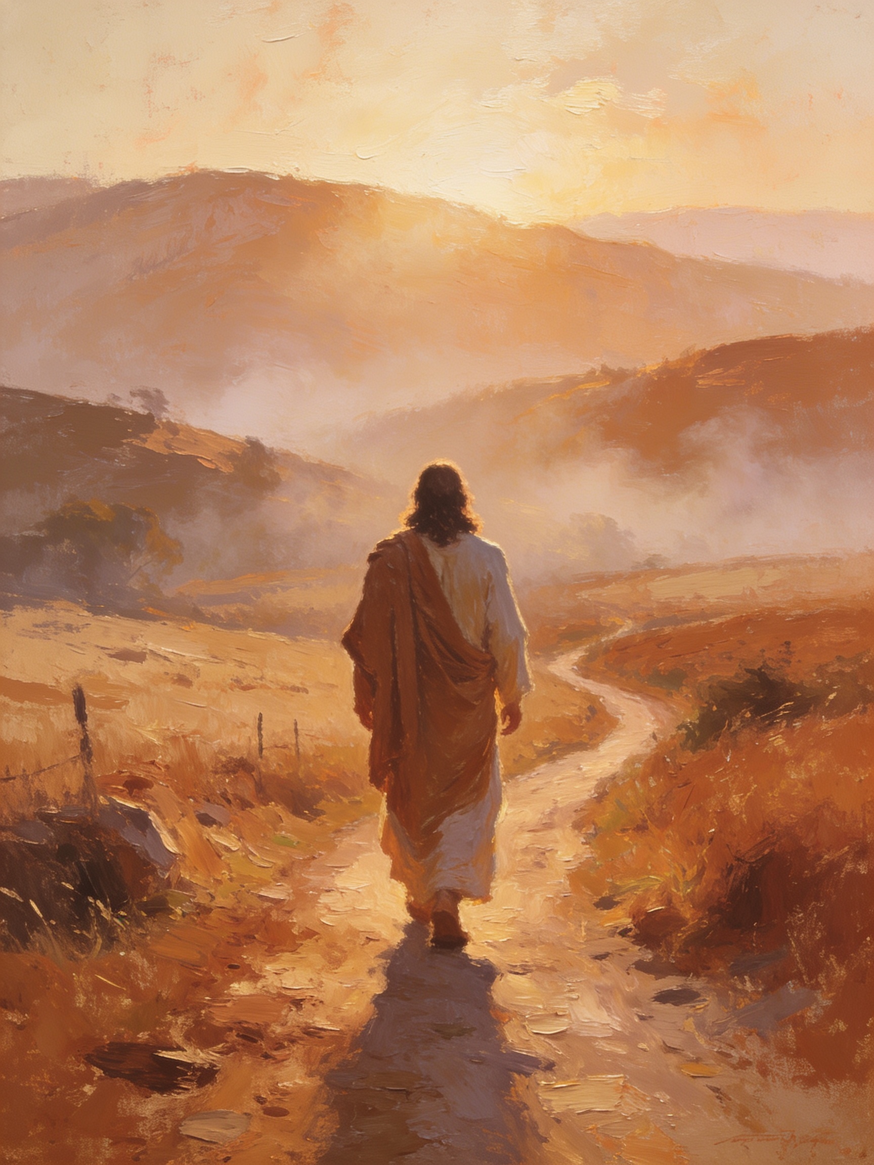 A fine art print of Jesus in a white robe and amber cloak walking a winding dirt path toward soft morning light over misty rolling hills.