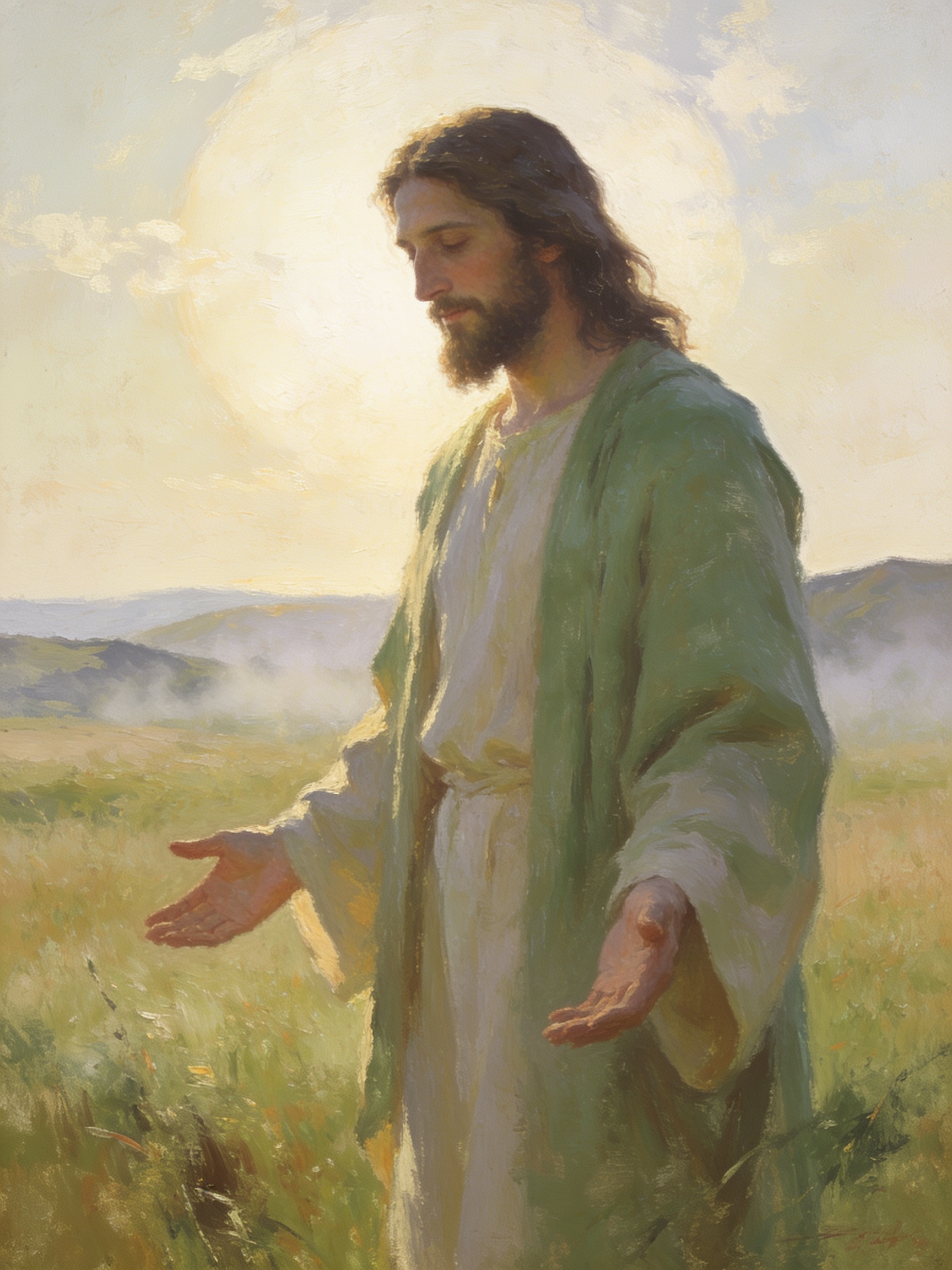 A fine art print of Jesus standing in a sunlit meadow wearing a white robe and green cloak, both hands open at his sides and a warm glowing light behind him.