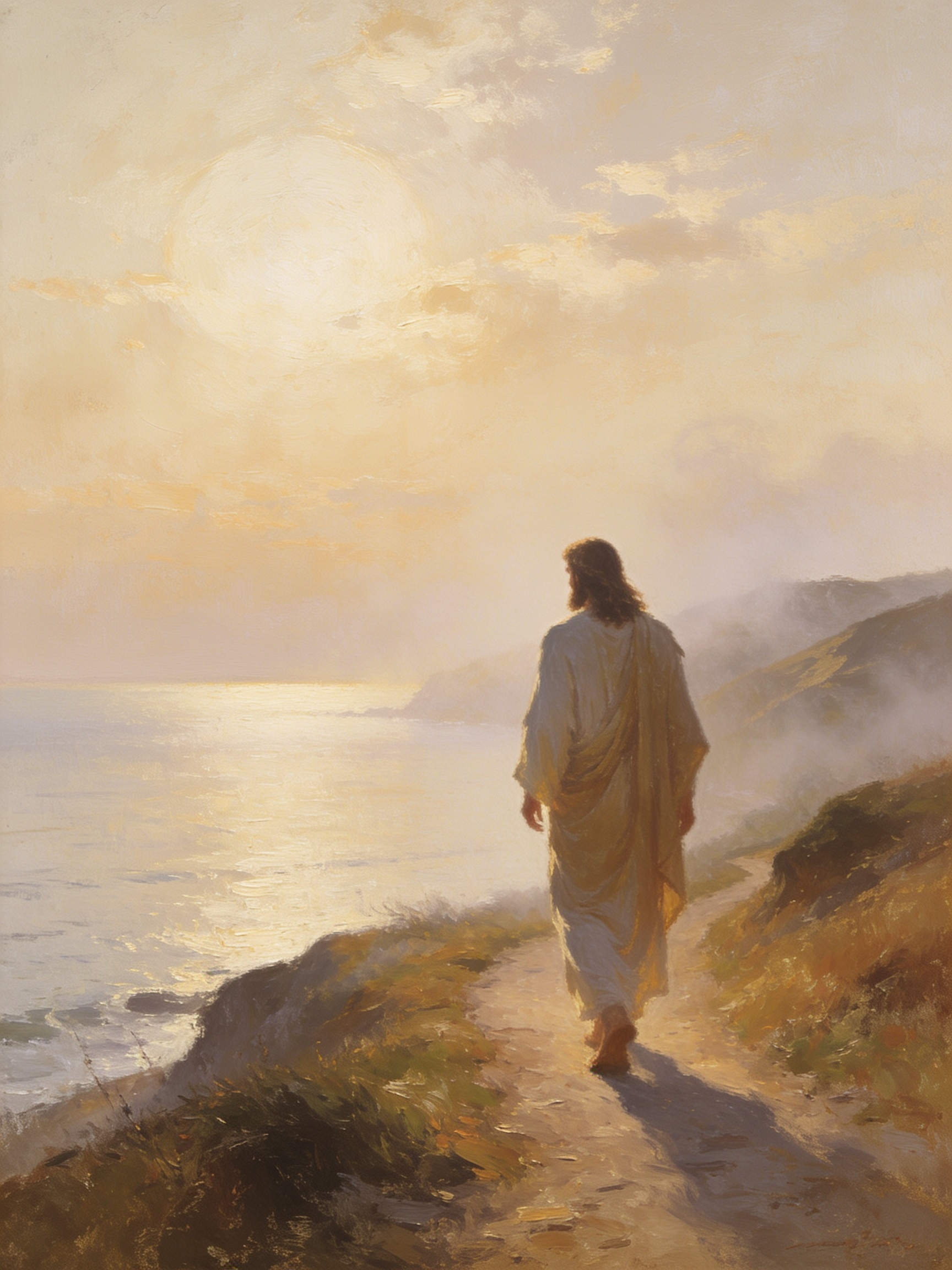 A fine art print of Jesus in a white robe and golden mantle walking barefoot along a misty coastal path beside a sunlit sea.