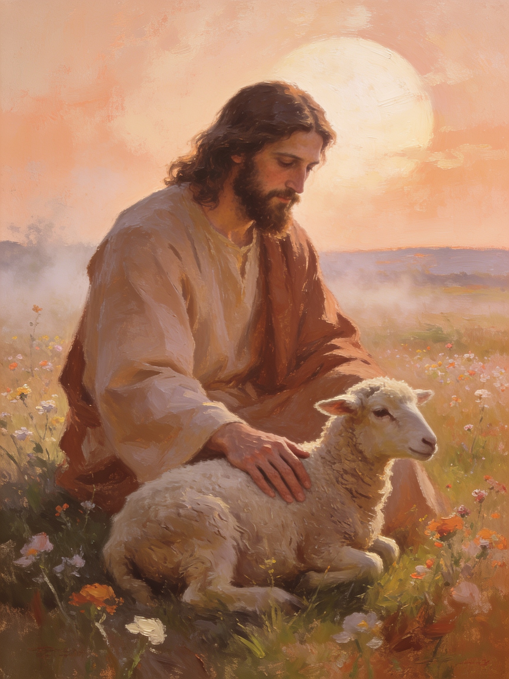 A fine art print of Jesus seated in a wildflower meadow, resting his hand gently on a small white lamb as a glowing sun rises behind them.