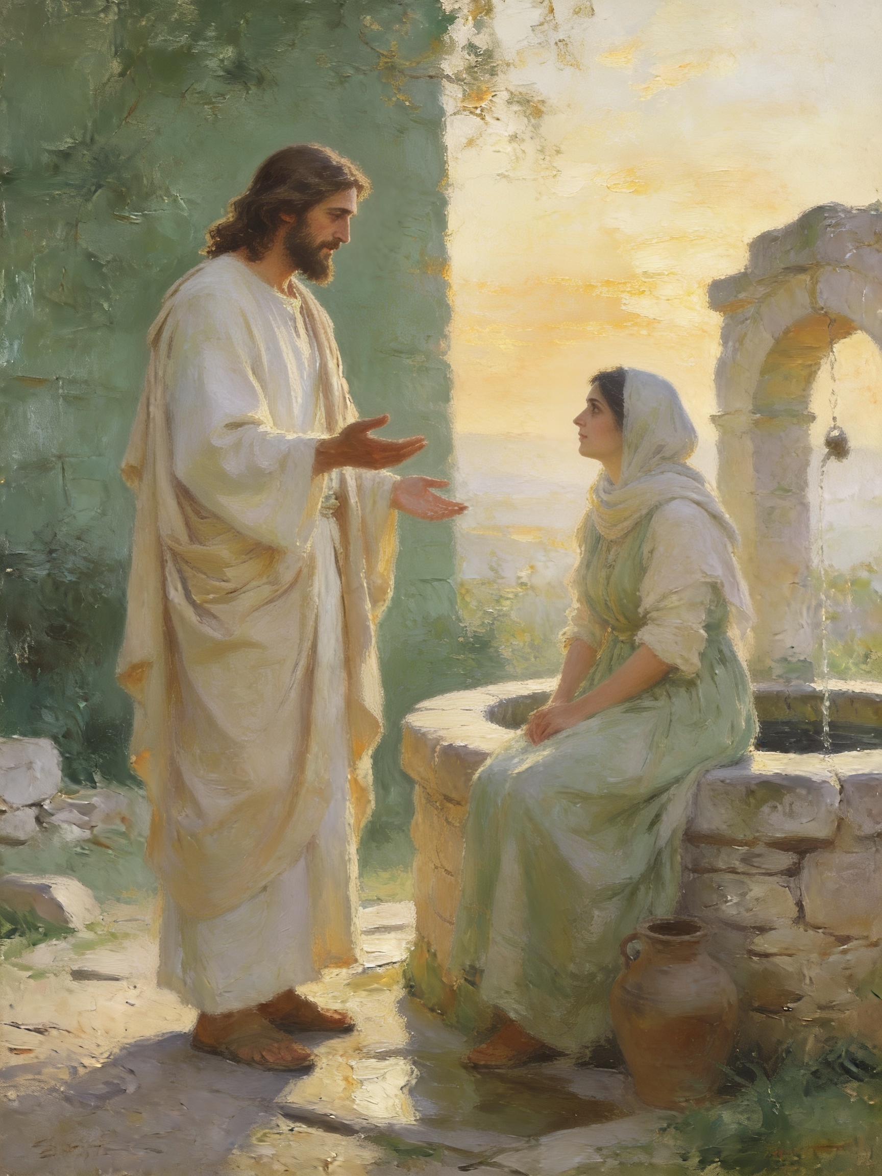 A fine art print of Jesus standing with open hands speaking to a woman seated on a stone well, with a clay jar at her feet and golden light in the background.