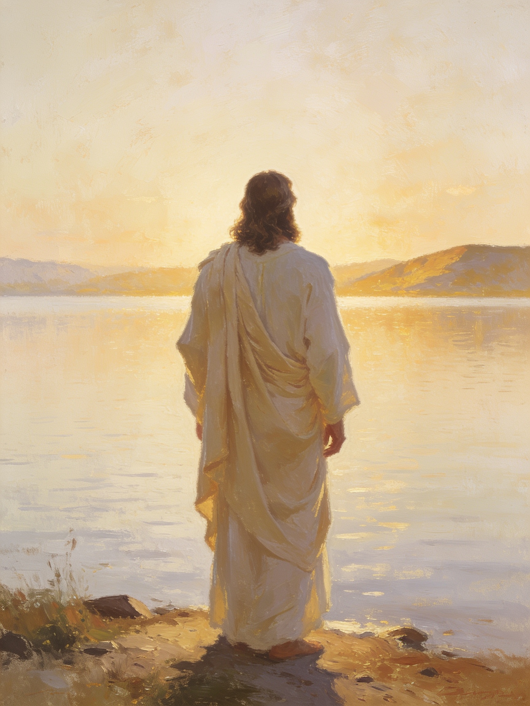A fine art print of Jesus standing in white robes on a rocky shoreline, facing a calm golden lake with low hills in the distance.