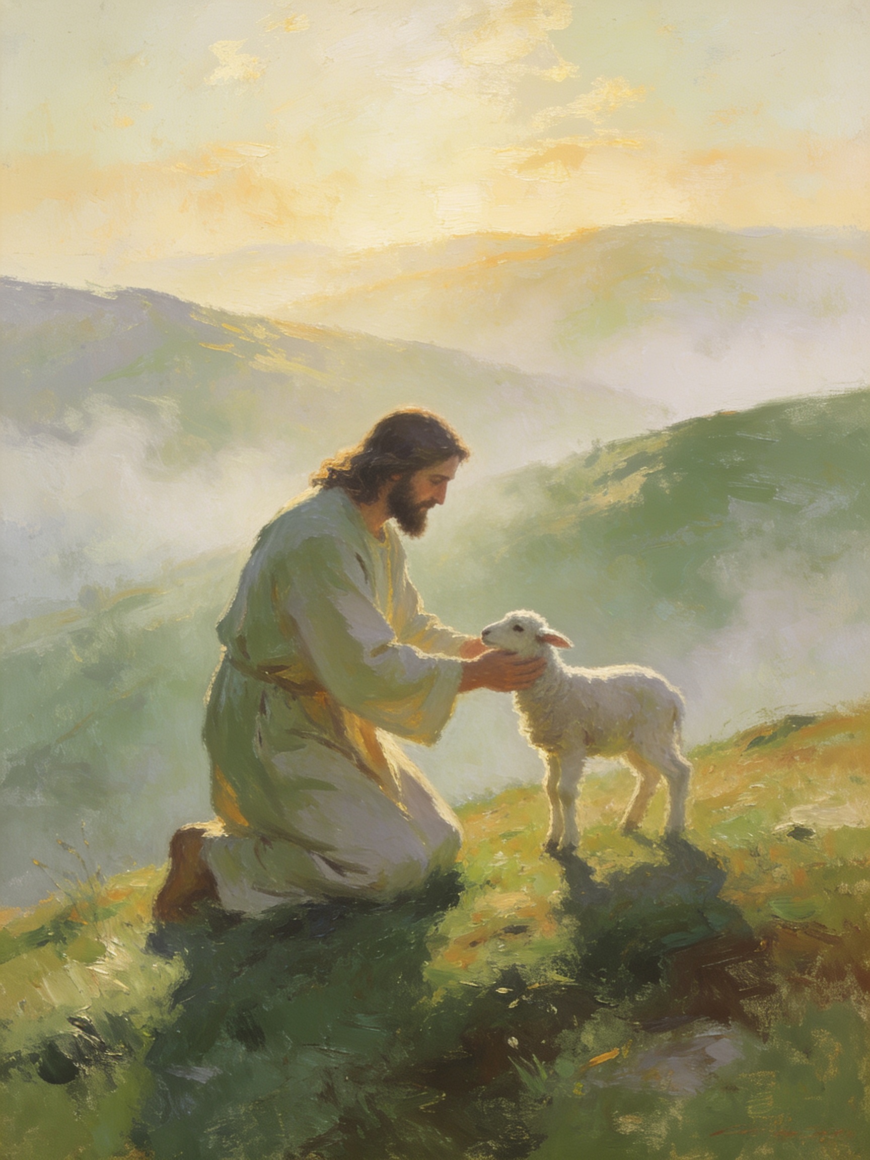 A fine art print of Jesus kneeling on a green hillside and tenderly holding a small white lamb in golden morning light.